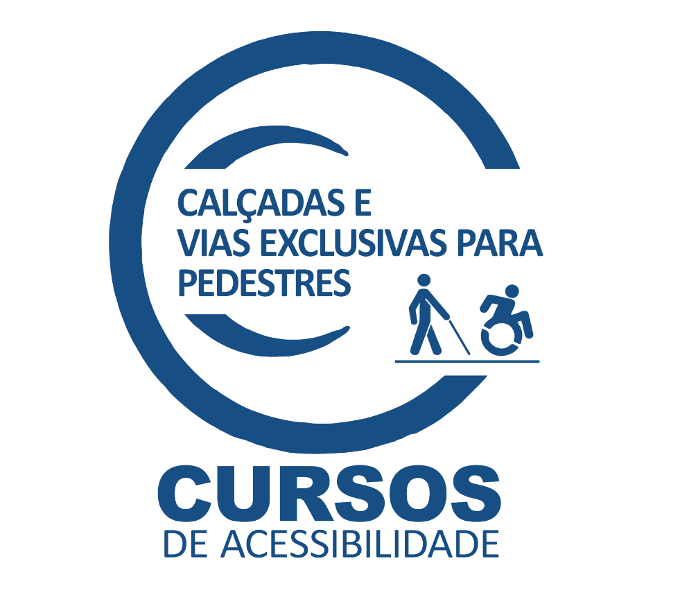 fundo azul com a ilustração do logotipo do Curso de Acessibilidade, formam um círculo e com um símbolo de acessibilidade de acesso na cor azul com destaque. Curso de Calçadas vias Exclusivas e Pedestres.
